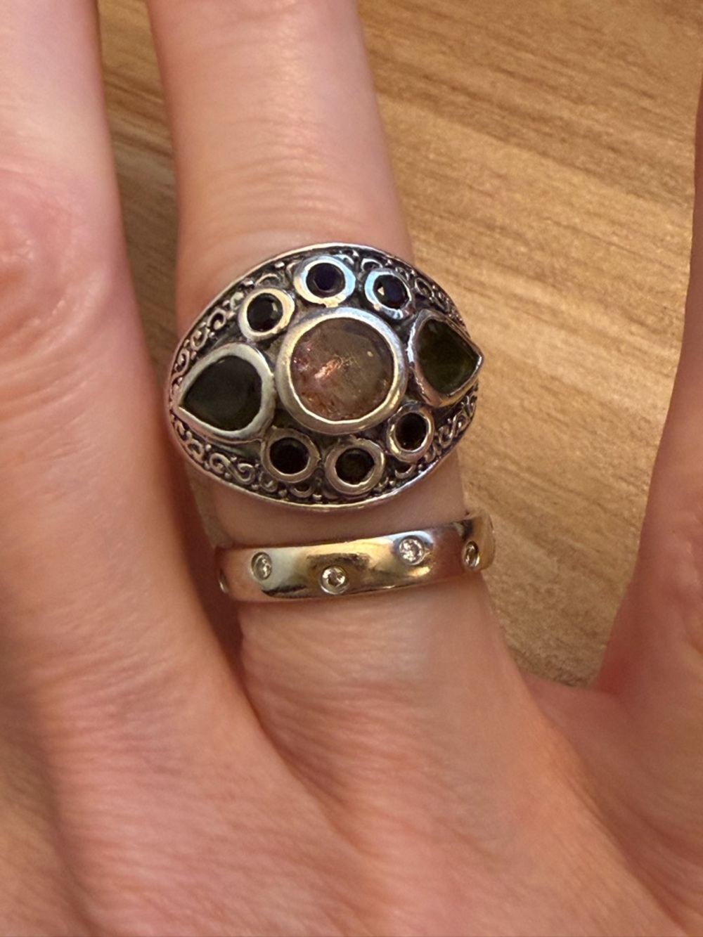 Sterling Silver Multi-Stone Oval Statement Ring in Green and Champagne